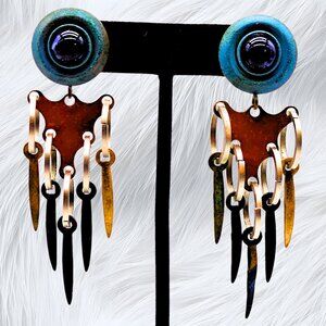 Modernist Mixed Metal Dangle Earrings Blue Cabochon Statement Sculptural Jewelry